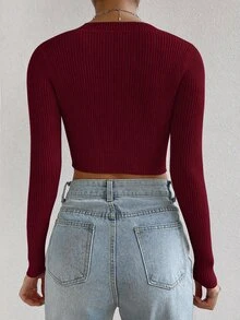 SHEIN X Antonella SHEIN EZwear Scoop Neck Ribbed Knit Crop White Sweater In Fall/Winter - Burgundy - View 2