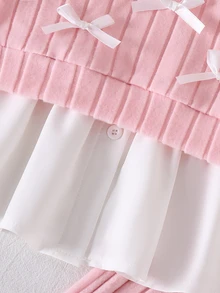 Casuvi Kids Young Girl 3pcs Back-To-School Outfit White Long Sleeve Collared Shirt Pink Cute Bow Detail Knit Vest Ribbed Wide Leg Pants Set 7th Birthday Fall Baby - Pink - View 3