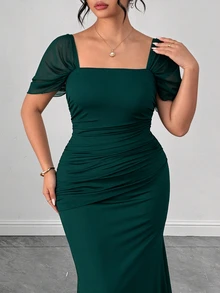 Elenzga Plus Size Women's Solid Color Elegant Draped Waist Floor Length Maxi Dress - Green - View 5