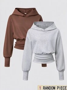 SHEIN 少女長袖連帽高腰黑色運動衫，萬聖節秋季基本休閒風，適合健身房與學校穿搭 - 灰色 - 查看 1