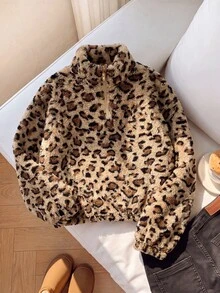 Tween女孩兒童針織蝴蝶結毛絨領拉鍊拼接寬鬆休閒長袖秋冬衛衣 - 卡其色 - 查看 1