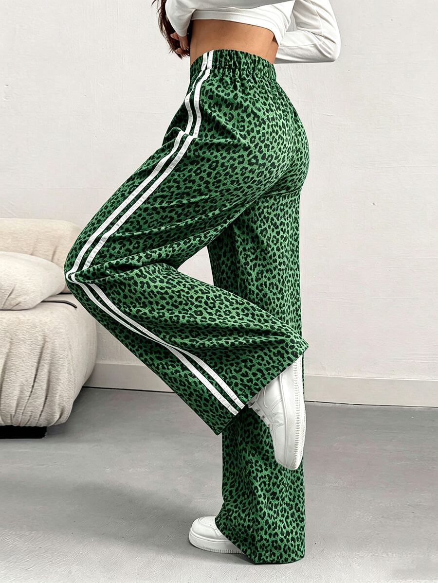 INAWLY Women's Casual Loose Fit Contrast Color Side Design Wide Leg Pants, Spring/Summer - Green - View 1