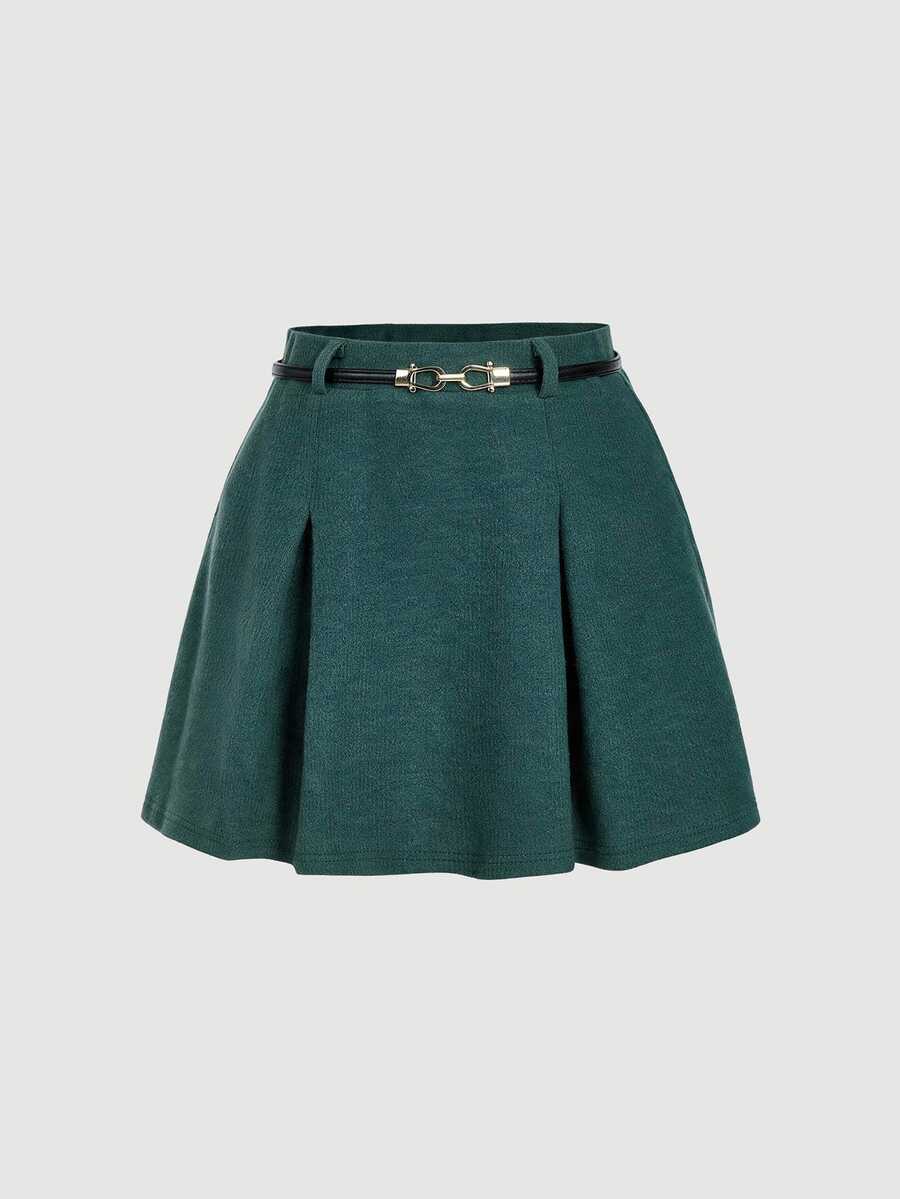 SHEIN MOD 女款高腰金屬腰帶 A 字百褶針織刷毛裙,秋冬款 - 墨綠色 - 查看 1