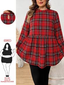 SHEIN CURVE+ Plus Size Casual Ruffle Collar Leopard Print T-Shirt, Autumn Leopard Print Top - Red - View 5