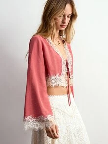 Willow Rêve Women's Lace Patchwork Pink Front Tie Long Sleeve Cropped Shirt - Coral Pink - View 7
