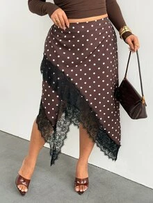 Firerie Plus Size French Polka Dot Lace Asymmetrical Hem Skirt - Brown - View 6