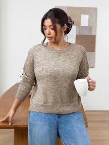 Lounesse Plus Size Women's Crew Neck Drop Shoulder Long Sleeve Casual Pullover Sweater Winter - Multicolor - View 3