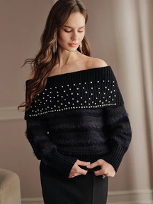 Anewsta Áo len nữ thu đông hở vai đính đá đục lỗ, áo dệt kim cao cấp dáng rộng phong cách thoải mái - Màu xanh hải quân - Xem 3