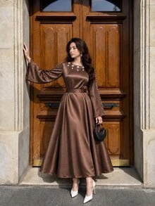 Graceveil Elegant Brown Textured Satin Long Sleeve Round Neck Tie-Front Arabian Dress, Embellished With Rhinestones At Neckline, Women's Luxury Robe - Brown - View 4