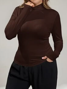 Auralis 大尺碼女款秋冬時尚休閒高彈力舒適日常基本款半高領修身黑色T恤上衣，秋季 - 咖啡棕 - 查看 4