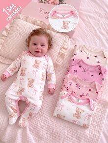 SHEIN 新生兒可愛卡通熊拼色連身衣居家服 - 粉色 - 查看 1