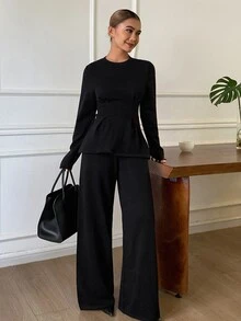 DAZY Women's Solid Color Long Sleeve Top And Pants Casual Daily Knit 2 Pieces Set - Black - View 6