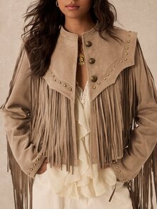 Easelle Vintage Western Streetwear Bohemian Nomad Rivet Fringe Loose Structured Women's Jacket Rave Concert Khaki Fall - Khaki - View 5
