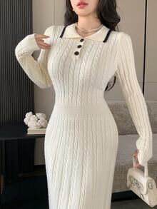 Modelyn Women's Colorblock Polo Collar Long Sleeve Cable Knit Elegant Dress - Apricot - View 5