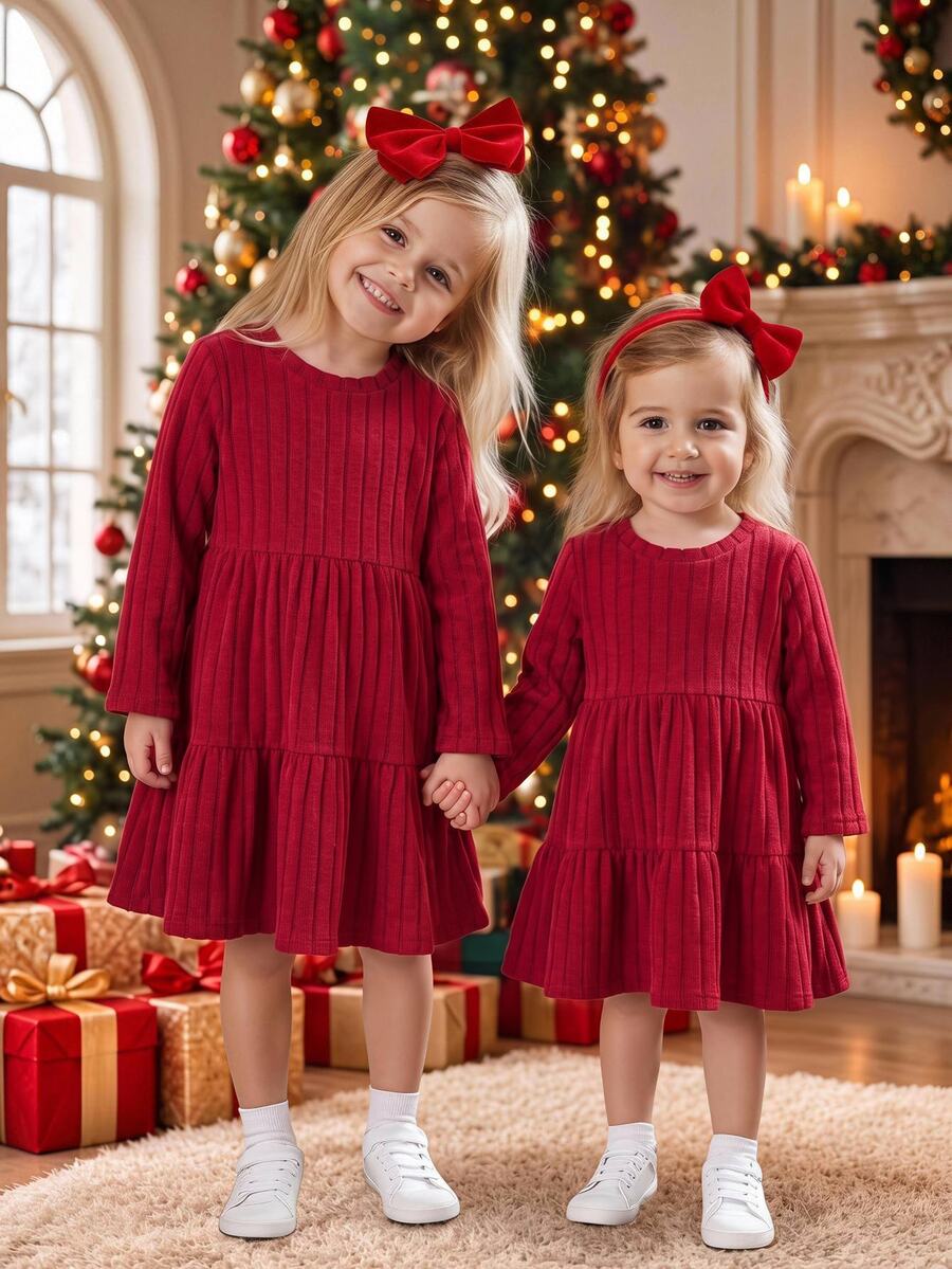 SHEIN Baby Girl Solid Color Pleated Casual Daily Summer Dress - Red - View 1
