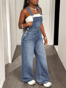 Slaydiva Women's Casual Loose Denim Overalls With Pockets - Blue - View 6