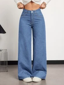 SHEIN Tall Women's Loose Button-Front Pocket Denim Long Pants - Light Wash - View 5
