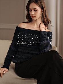 Anewsta Áo len nữ thu đông hở vai đính đá đục lỗ, áo dệt kim cao cấp dáng rộng phong cách thoải mái - Màu xanh hải quân - Xem 2