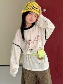 Dazy Kids Tween Girl Letter & Polka Dot Print Drop Shoulder Long Sleeve Casual T-Shirt - White - View 7