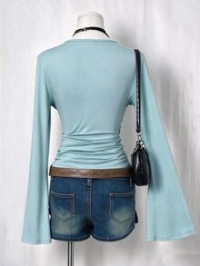Elamini Autumn Fashion Solid Color Bell Sleeve Ruched Waist T-Shirt - Mint Blue - View 2
