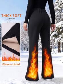 SHEIN EZwear 秋季新款純色保暖內裡加厚高腰直筒喇叭褲，秋季衛衣，適合日常通勤、聚會、秋冬/夏季、聖誕節、新年、感恩節、派對、婚禮、海灘、畢業典禮、優雅、外出、約會、通勤、情人節、優雅、度假、Y2K、畢業典禮等場合 - 黑色 - 查看 2