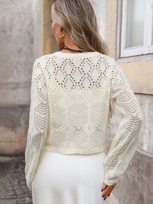 Brillora Hollow Out Pointelle Knit V Neck Button Front Cropped Cardigan,Daily Commute,Vacation,Shopping,French Chic,Vacation Style - Khaki - View 2