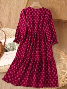 Rusticease Plus Size Button Crew Neck Long Sleeve Pleated Dress - Burgundy - View 2