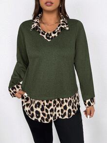 SHEIN Clasi Plus Size Women Casual Leopard Print Raglan Sleeve Curved Hem Printed 2 In 1 Shirt Fall - Army Green - View 4