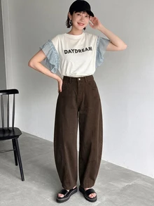 DAZY 女款純色寬鬆弧形褲腿休閒街頭風夏季牛仔短褲 牛仔吊帶褲與連身褲 - 棕色 - 查看 4