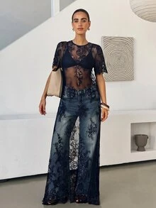 Lavishia 女款蕾絲刺繡透視洋裝拍照套裝，黑色花卉，夏季優雅派對夜女士俱樂部晚裝 - 藏蓝色 - 查看 7