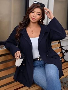SHEIN Clasi 大尺碼拉鍊口袋長袖連帽夾克，適合日常穿著，秋季休閒俐落風 - 藏蓝色 - 查看 6