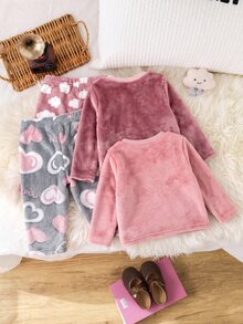 SHEIN 女嬰圓領長袖秋季上衣與長褲休閒日常睡衣套裝 - 粉色 - 查看 2