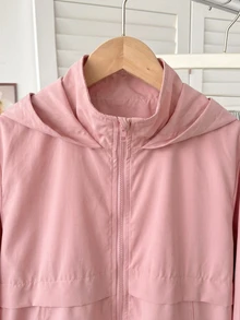 SHEIN 青少年女孩休閒粉色兒童秋季拉鍊連帽外套，長袖梭織街頭風口袋外套，附抽繩下擺，適合徒步，秋冬穿著 - 粉色 - 查看 4