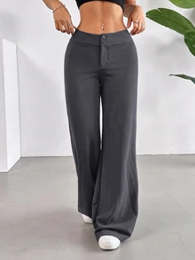SHEIN Tall CURVE 大尺碼女款純色腰部鈕扣設計寬腿長褲 - 深灰色 - 查看 4