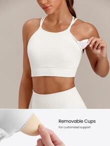 GLOWMODE Áo tank crop không đường may họa tiết Summer State Of Mind, thiết kế dây chéo lưng, có cúp ngực tháo rời, đồ tập yoga pilates studio cường độ thấp - trắng - Xem 3