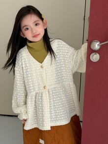 Dazy Kids Tween Girl V-Neck Single-Breasted Dropped Shoulder Long Sleeve Loose Fit Blouse - Beige - View 4