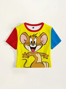 TOM & JERRY X SHEIN Women's Cartoon Print Short Sleeve Fitted T-Shirt - White - View 3