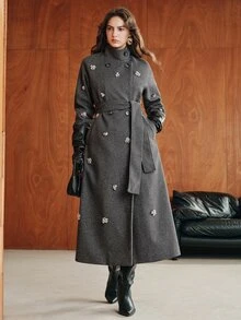 Anewsta Autumn/Winter Luxury French Handmade Rhinestone Embellished Lapel Grey Long Wool Coat For Women - Grey - View 5