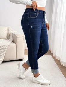 SHEIN CURVE+ Plus Size Women's Casual Daily Travel Denim Jeans With Pockets And Buttons - Blue - View 6