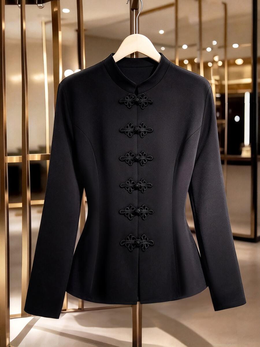 GlowEve CURVE Plus Size Solid Color Long Sleeve Frog Button Design Loose Casual Women's Jacket, Suitable For Daily Commute, Outing Wear, Street Style, Office Wear, Holiday, - Black - View 1