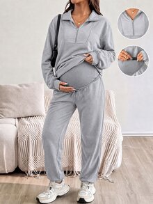 SHEIN 孕婦秋冬休閒衛衣與運動長褲哺乳兩件套秋季 - 淺灰色 - 查看 1