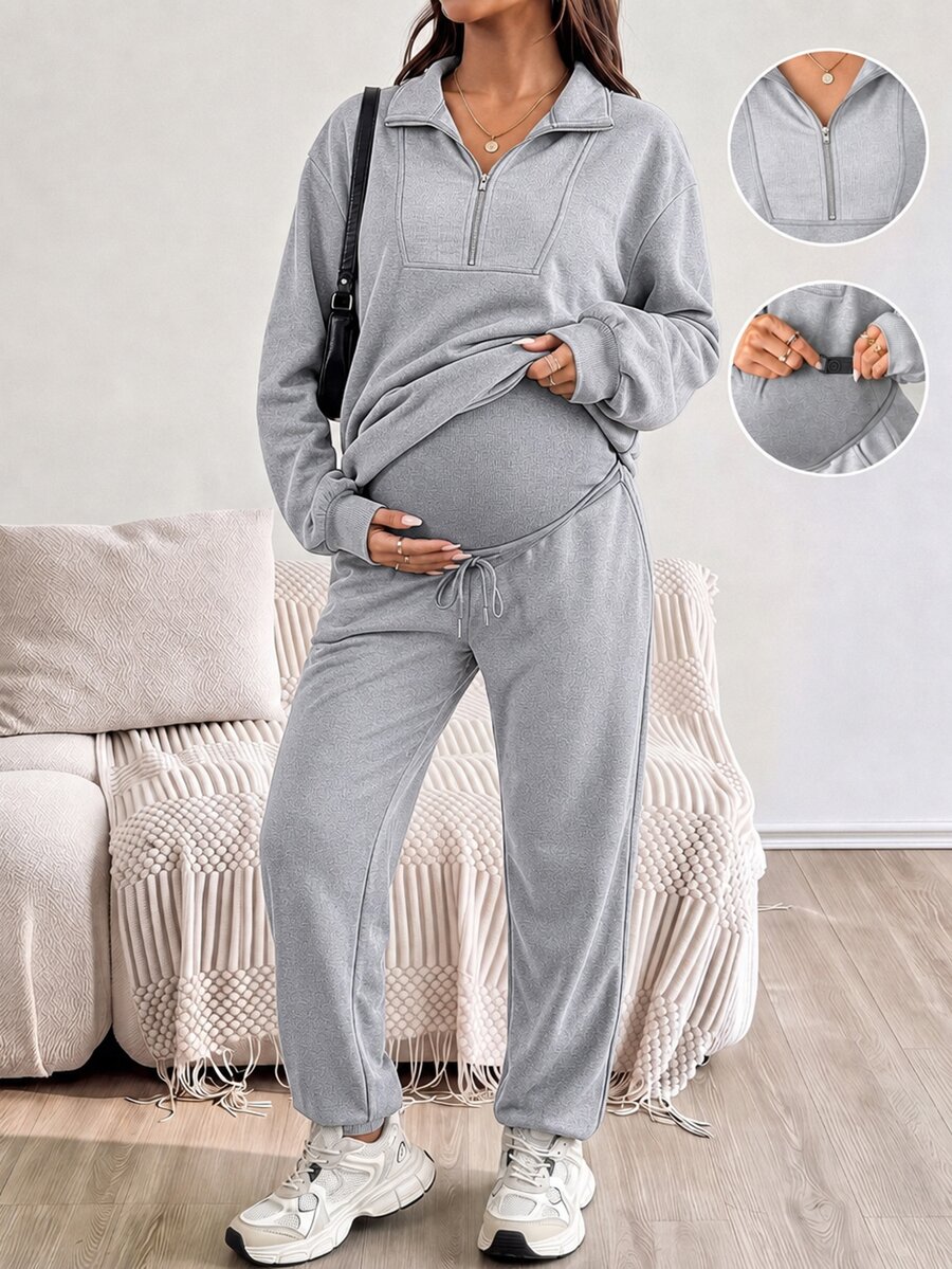 SHEIN 孕婦秋冬休閒衛衣與運動長褲哺乳兩件套秋季 - 淺灰色 - 查看 1