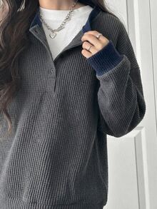 FRIFUL Women's Colorblock Dropped Shoulder Long Sleeve Button Half-Placket Casual Sweatshirt - Grey - View 7
