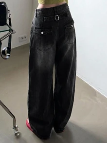 DAZY 對比縫線寬鬆彎腿休閒街頭風夏季女款牛仔褲 日常外出穿搭 黑色 - 黑色 - 查看 7