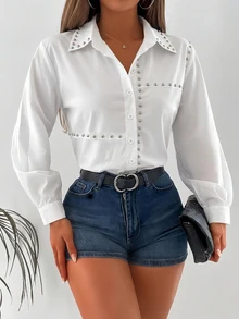 INAWLY Loose Casual Commute Computer Rhinestone Long Sleeve Shirt - White - View 5