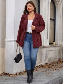 SHEIN Clasi Plus Size Zipper Pocket Long Sleeve Hooded Jacket For Daily Wear Autumn Casual Smart Fall - Burgundy - View 8