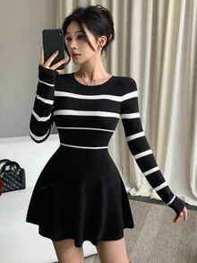 DAZY Women's Patchwork Striped Round Neck Long Sleeve Casual Knit Dress - Black - View 2