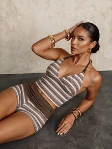 Glamine SHEIN Glamour 2026 Women's Spring/Summer Beach Vacation Sexy Cute Fashion Striped Halter Tankini Set - Khaki - View 5