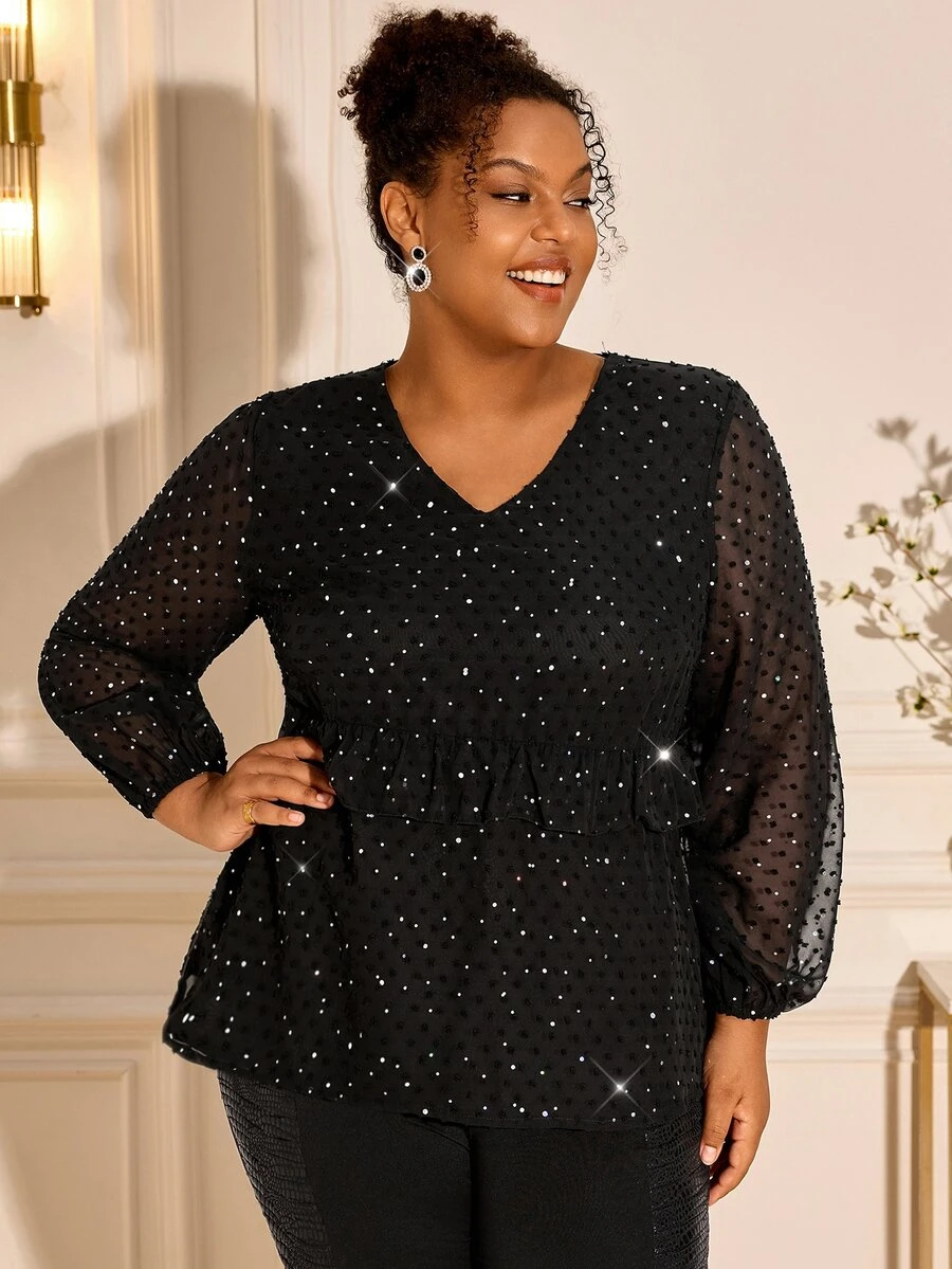 BrightlyHer Plus Size Women's Rhinestone Mesh V-Neck Waist Patchwork Ruffle Blouse - Black - View 1