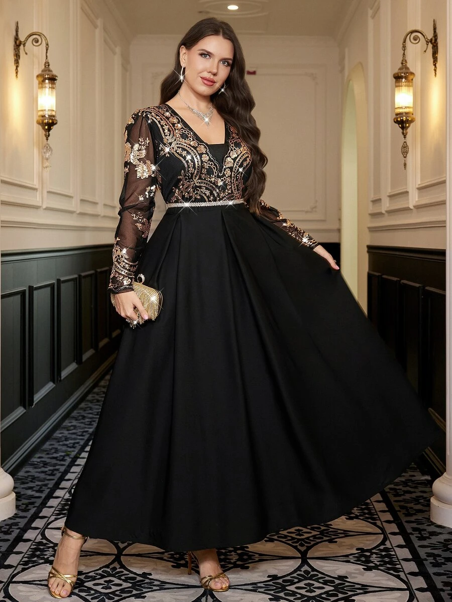 Reflora Plus Size Women's Elegant Patchwork Sequin Mesh Dress - Black - View 1
